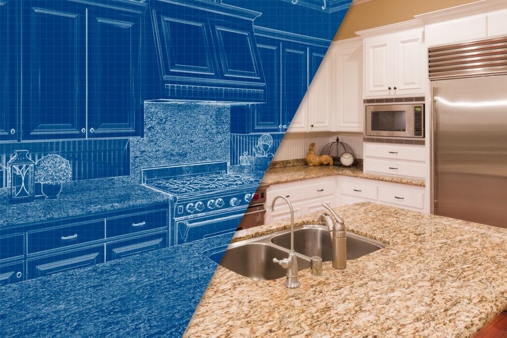Blueprint alongside the finished renovation