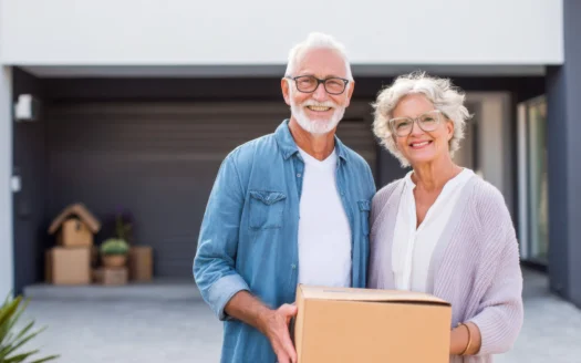 Senior couple packing boxes to downsize