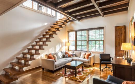 Staged living room with neutral furniture and natural light