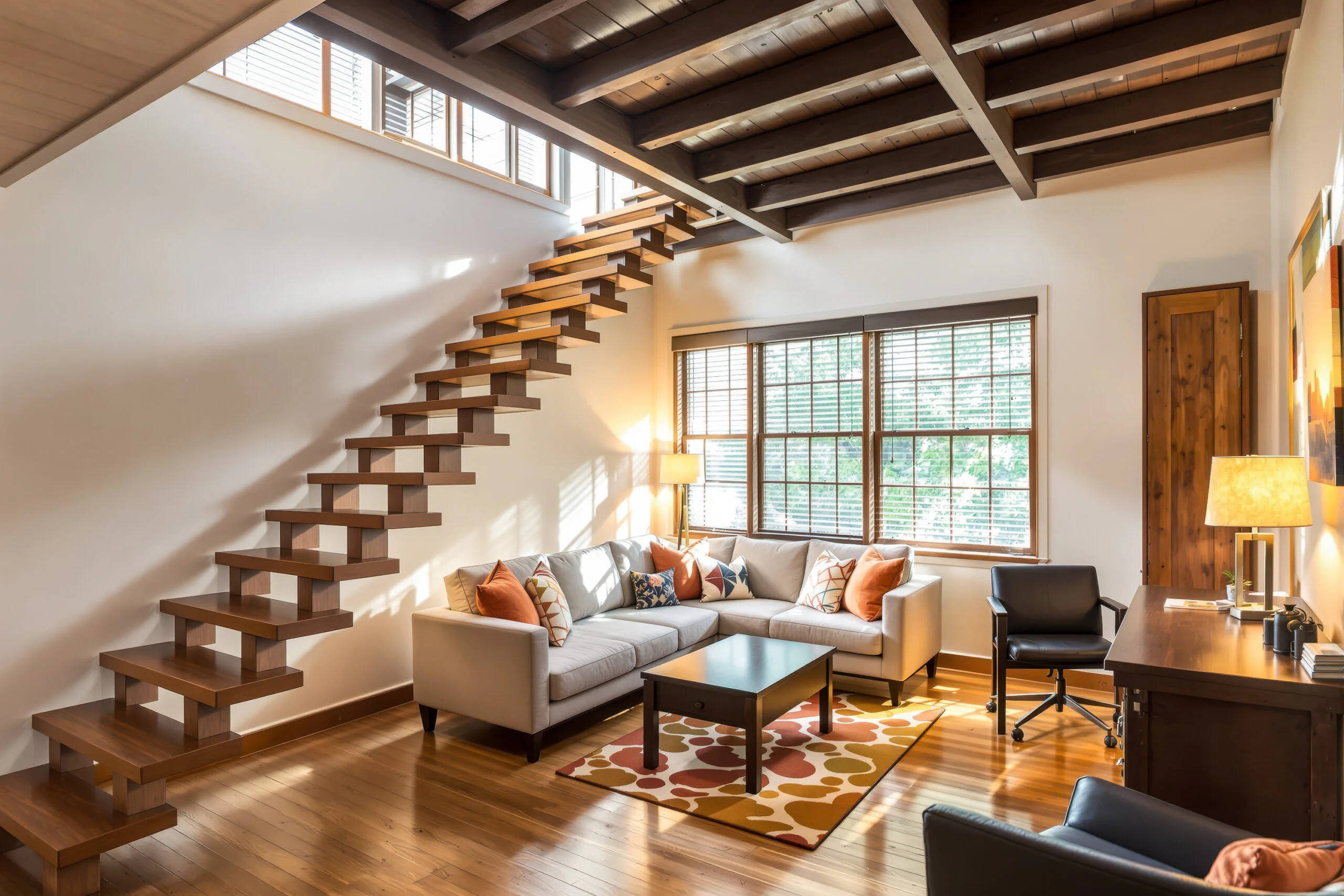 Staged living room with neutral furniture and natural light
