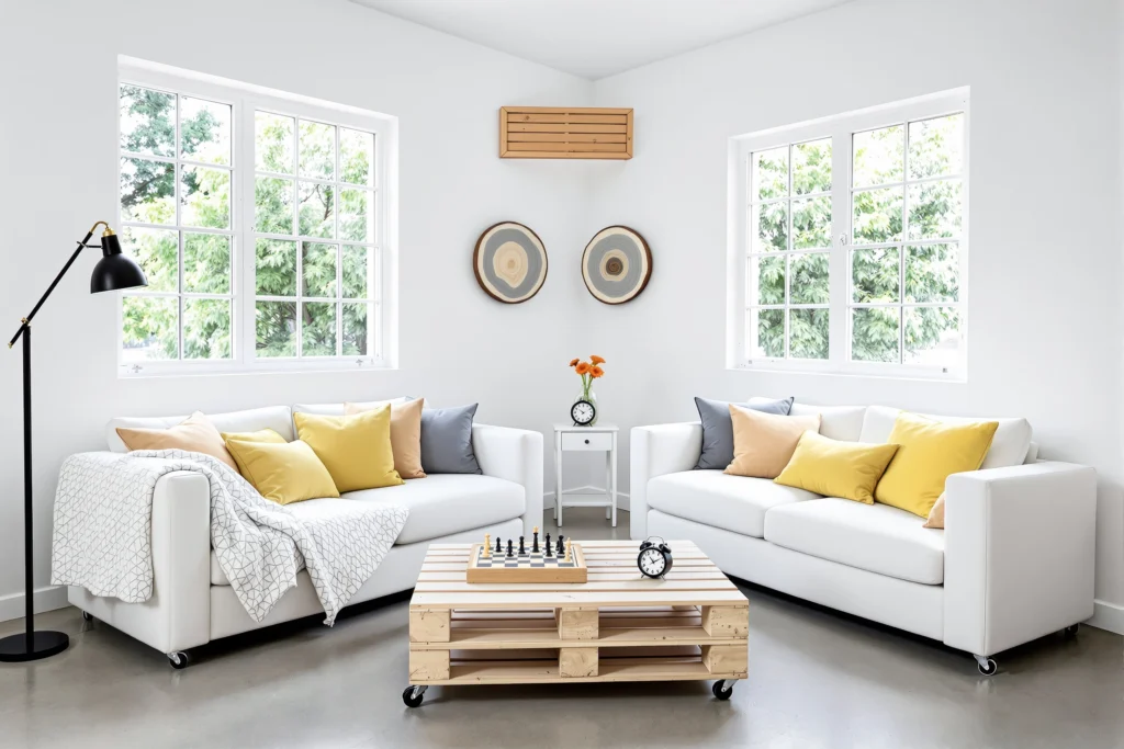 Staged living room with neutral furniture and natural light